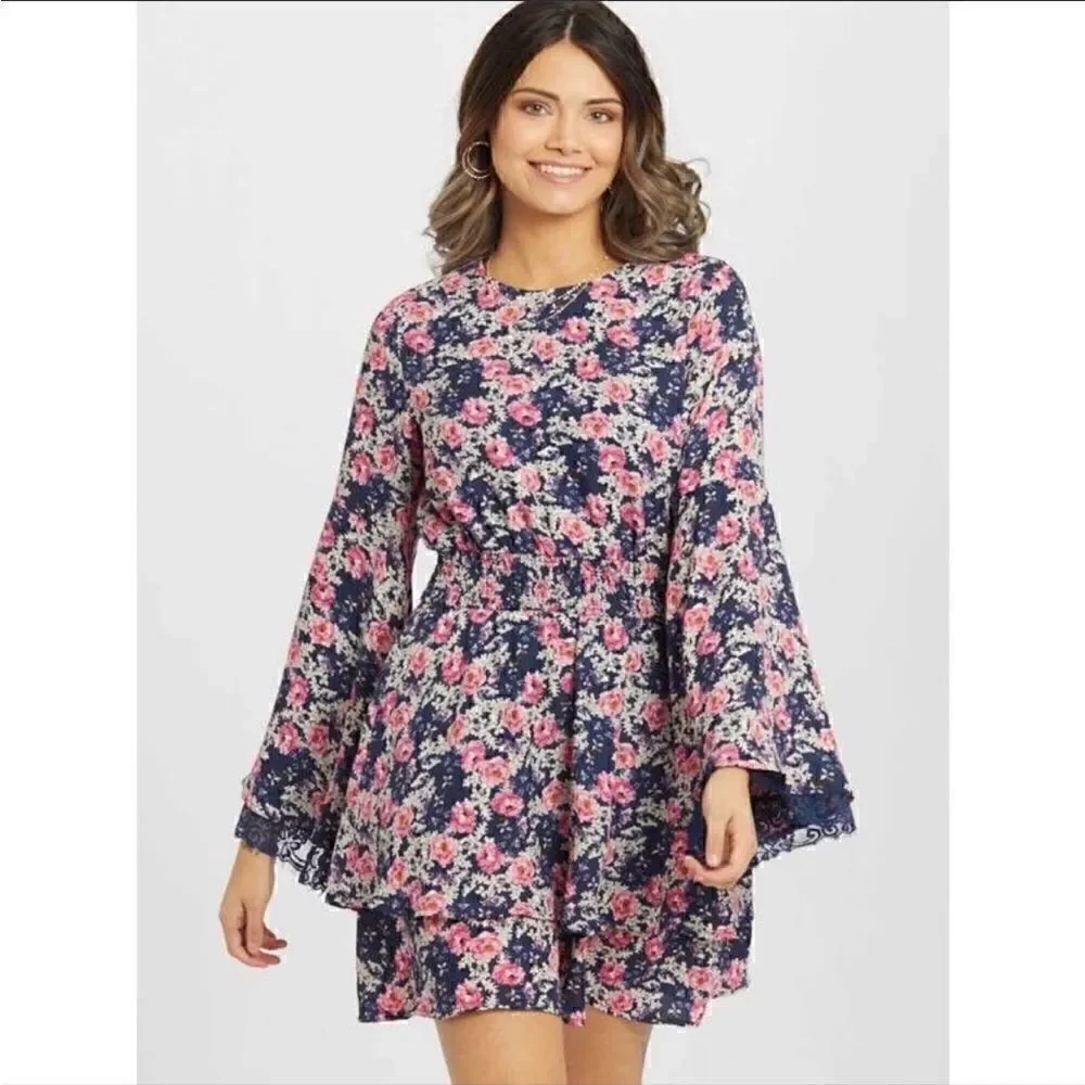 Altar'd State Size XS Navy Blue & Pink Floral Claudine Bell Sleeve Boho Dress - Picture 1 of 10